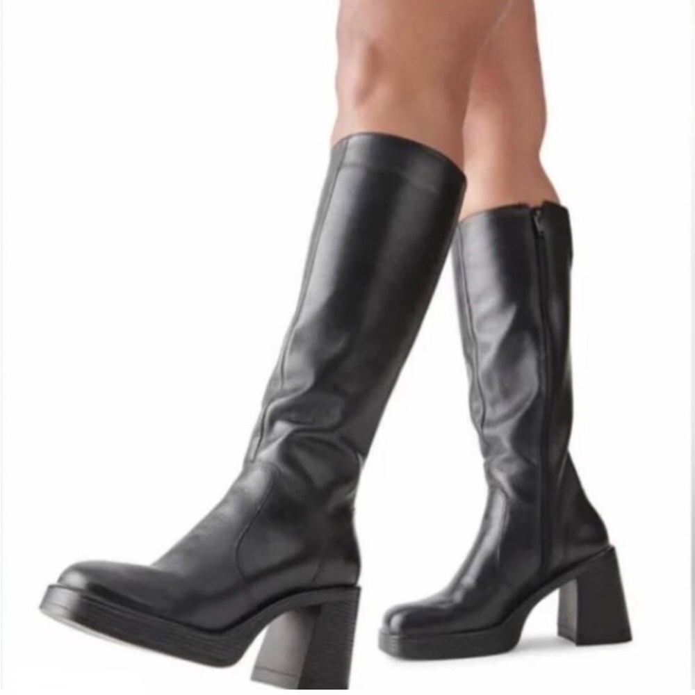 STEVE MADDEN Fanatik Black Leather Knee High Boot Platform Chunky Heel Sz 7 New